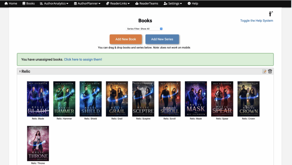 Author Helper Suite Books page shows a list of books in your library and gives you pptions to create more, assign to series and organize.